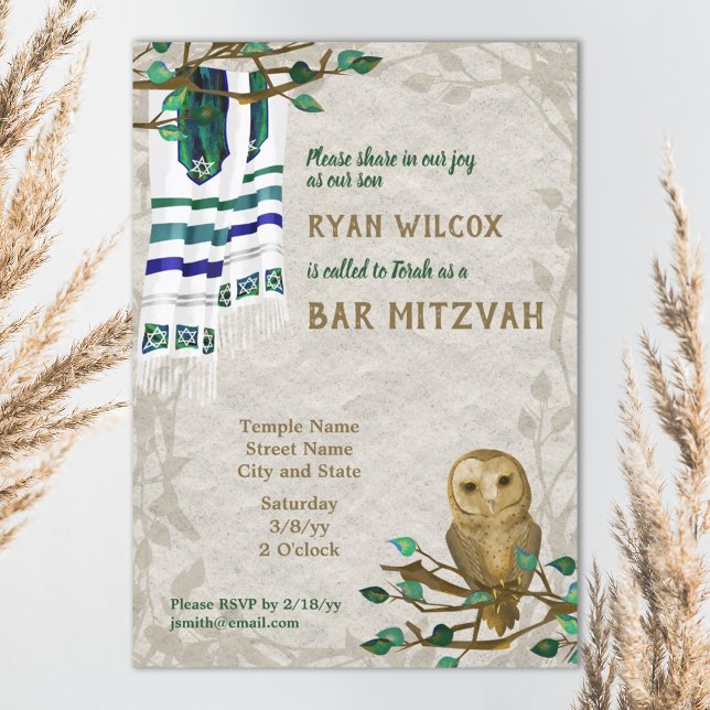 Eule, Gebet Tallit, grüne Bar Mitzvah Einladung (beige, blue, teal owl nature forest bar mitzvah invitation with tallit prayer shawl)