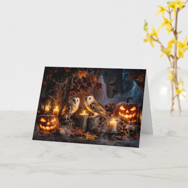 Eule Halloween mit Kerzen Jack O Lanterns Karte (Gelbe Blume)