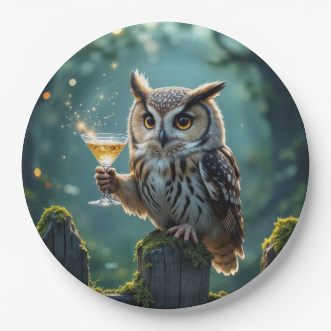 Eule hält Cocktail in einem mystischen Wald Pappteller (Vorderseite)