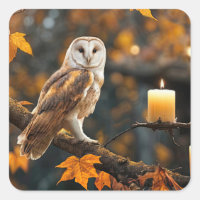 Eule im Herbstlaub und Kerze Mystisch