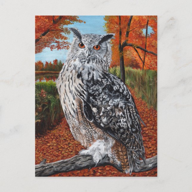Eule im Herbstwald, Kunst Postkarte (Vorderseite)