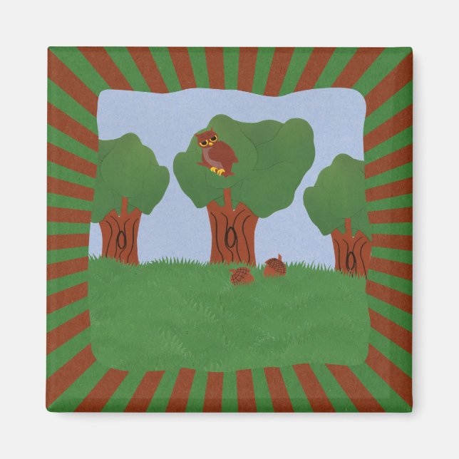 Eule im Oak Tree Sunburst Design Magnet (Vorne)