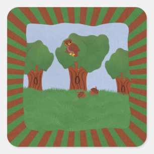 Eule im Oak Tree Sunburst Design Quadratischer Aufkleber