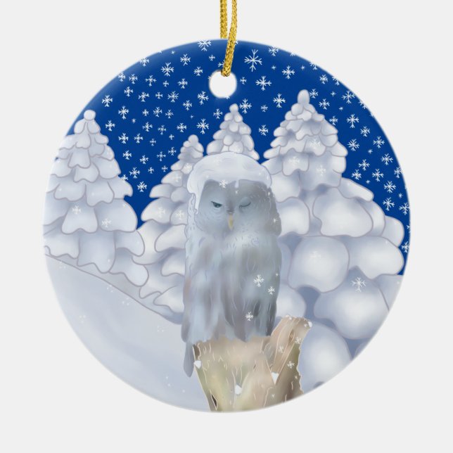 Eule im Schnee Keramik Ornament (Vorne)
