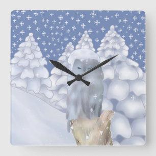 Eule im Schnee   Quadratische Wanduhr