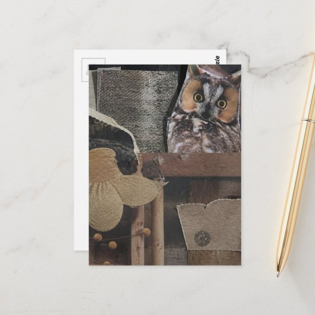 Eule im Zimmer Surrealer Collage Postkarte (Vorderseite/Rückseite Beispiel)