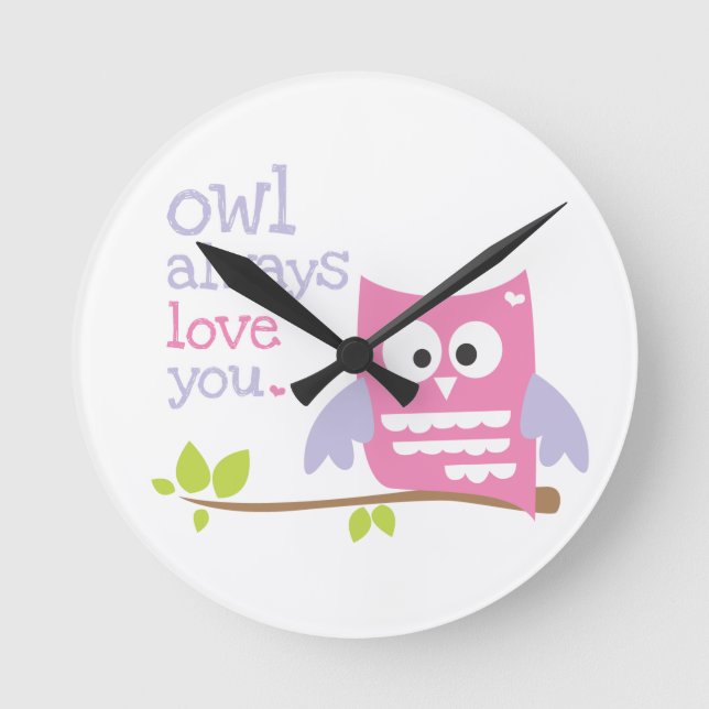 "Eule immer Liebe du" rosa und lila Eule Uhr (Vorderseite)