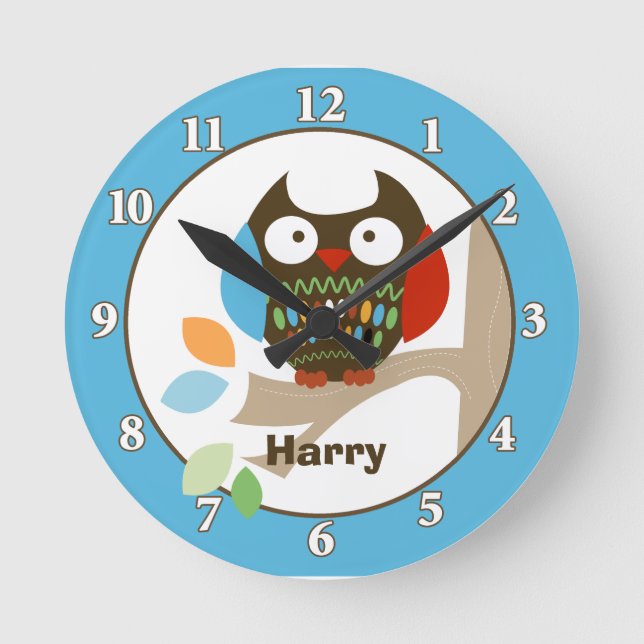 Eule in Baumkronen Personalisierte Uhr - Blau (Vorderseite)