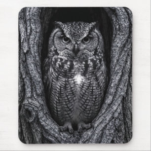 Eule in einem Baumhupen Schwarz und Weiß Mousepad