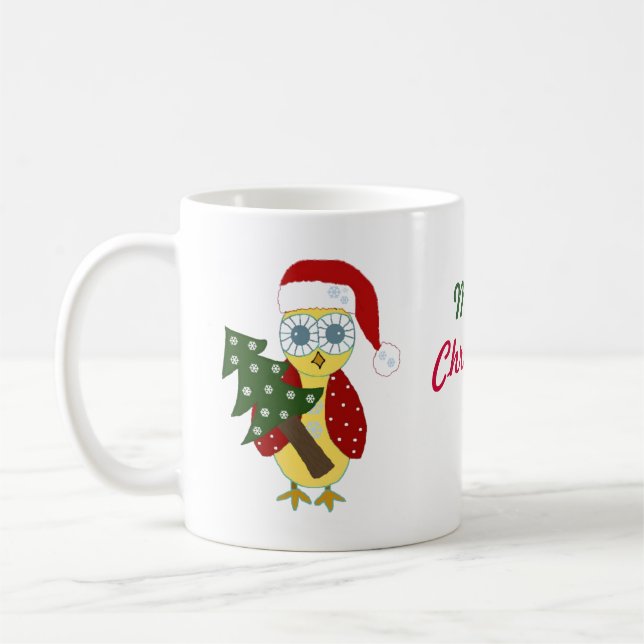 Eule in einer Weihnachtsmannmütze mit Weihnachtsba Kaffeetasse (Links)