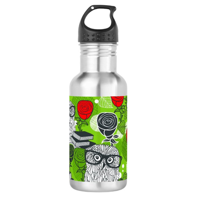 Eule in rote Rosen Edelstahlflasche (Vorderseite)