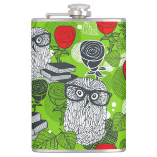 Eule in rote Rosen Flachmann