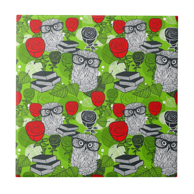 Eule in rote Rosen Fliese (Vorderseite)