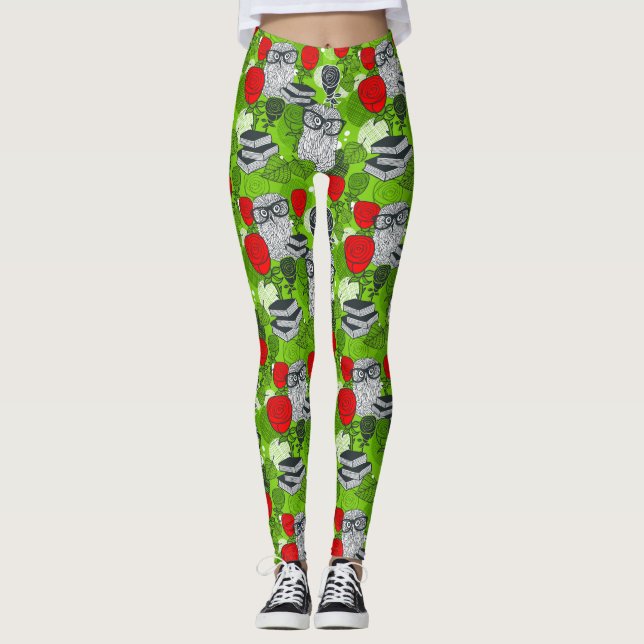 Eule in rote Rosen Leggings (Vorderseite)