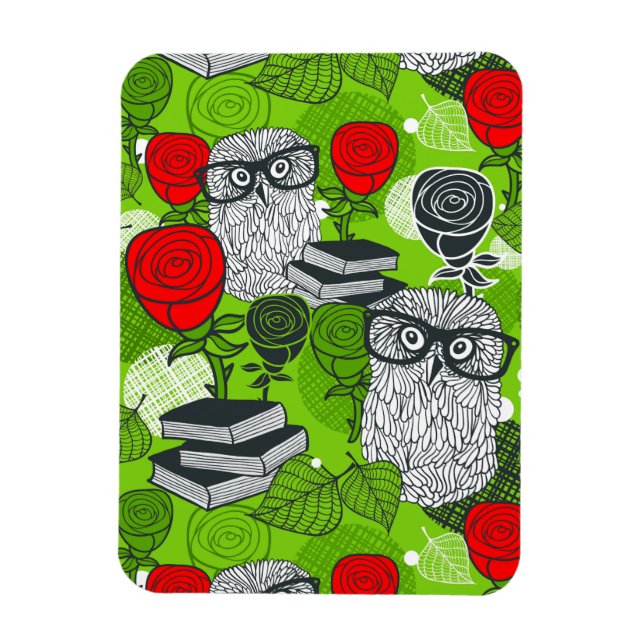 Eule in rote Rosen Magnet (Vertikal)