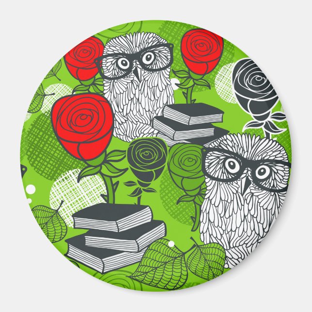 Eule in rote Rosen Magnet (Vorne)