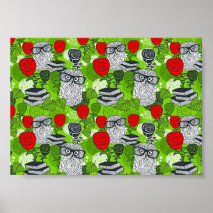 Eule in rote Rosen Poster