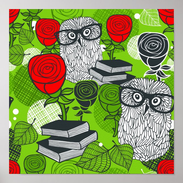 Eule in rote Rosen Poster (Vorne)