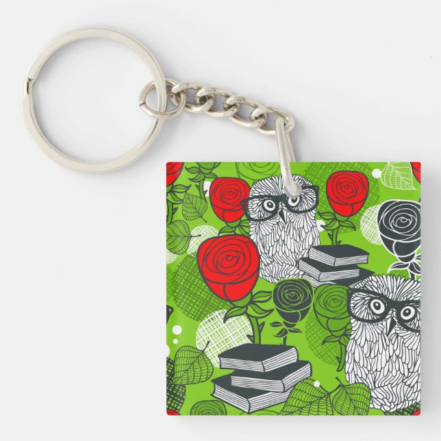 Eule in rote Rosen Schlüsselanhänger (Vorderseite)