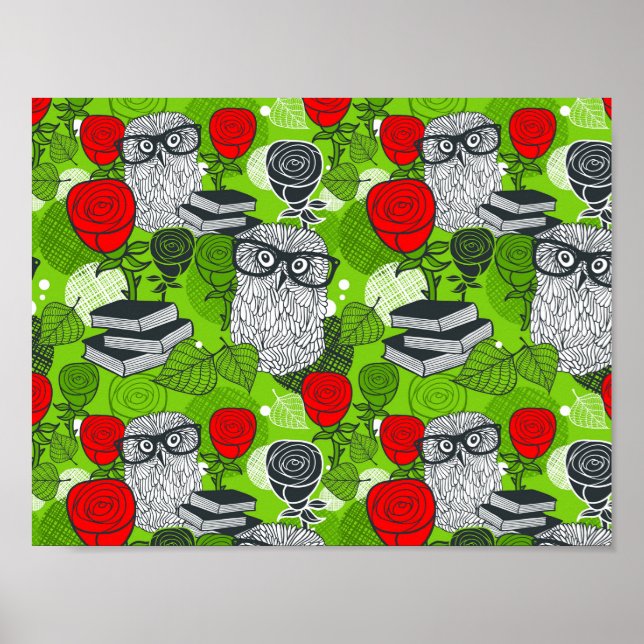 Eule in roten Rosen Poster (Vorne)