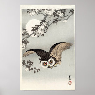 Eule, Kirschblüten und Mond von Ohara Koson Poster