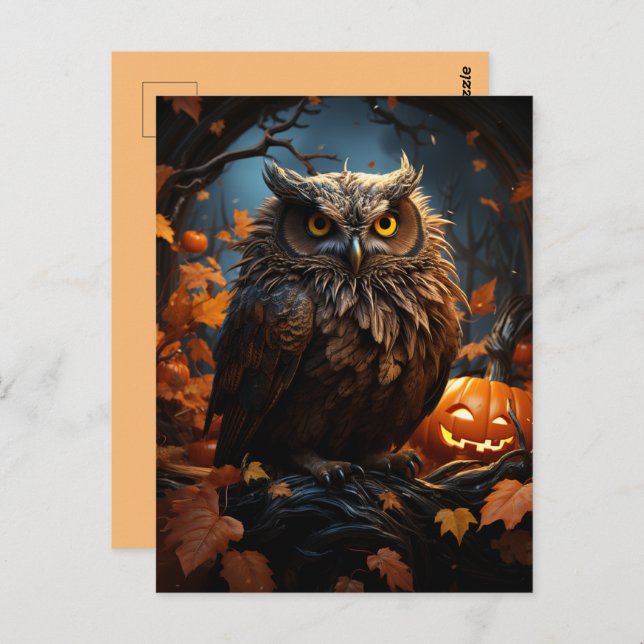 Eule, Kürbis und ein Vollmond-Halloween-Postkarte Postkarte (Vorne/Hinten)
