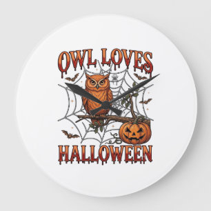 Eule liebt Halloween Orange Spinnennetz Kürbis_1 Große Wanduhr