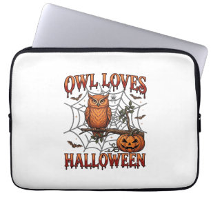 Eule liebt Halloween Orange Spinnennetz Kürbis_1 Laptopschutzhülle