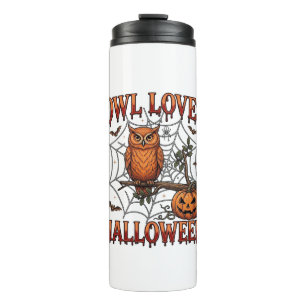 Eule liebt Halloween Orange Spinnennetz Kürbis_1 Thermosbecher