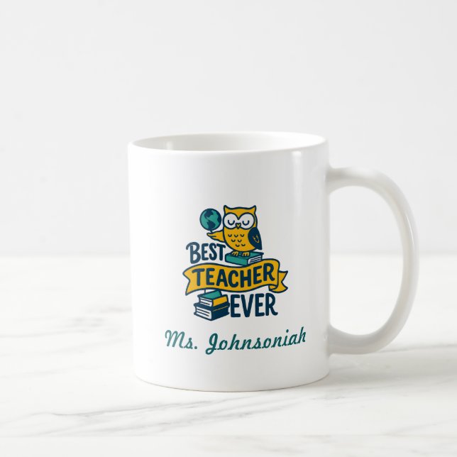 Eule mit Büchern & Globus Bester Lehrer Aller Zeit Kaffeetasse (Rechts)