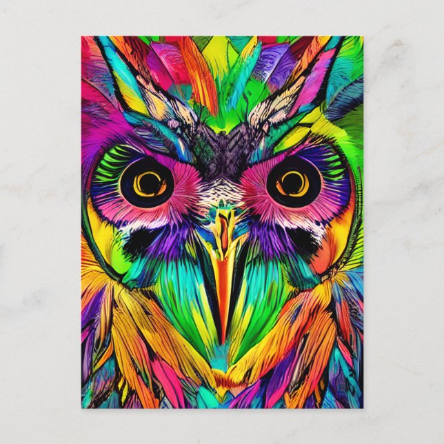 Eule mit farbenfrohen Federn Quirky KI Kunst Postkarte (Vorderseite)