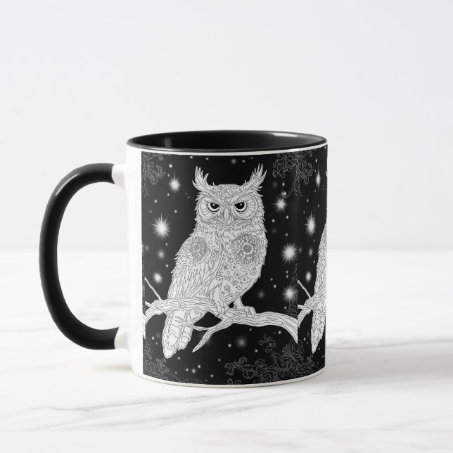 Eule mit Mandala im Winter unterm Sternenhimmel Tasse (Links)