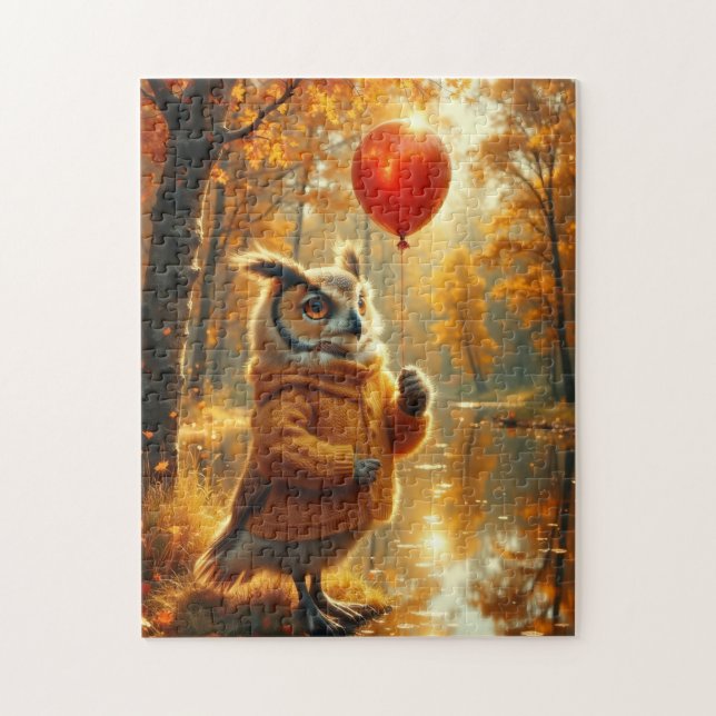 Eule mit rotem Ballon im Herbst Puzzle (Vertikal)