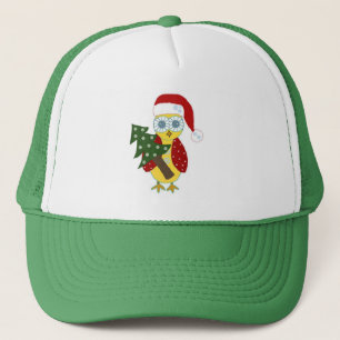 Eule mit roter Mütze und Weihnachtsbaum