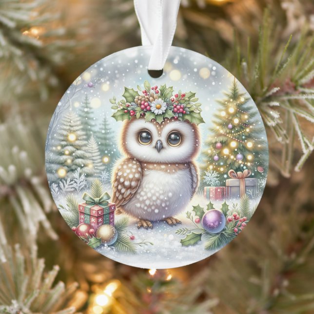 Eule mit Stechpalmenkranz und schneebedeckten Bäum Ornament (Baum)