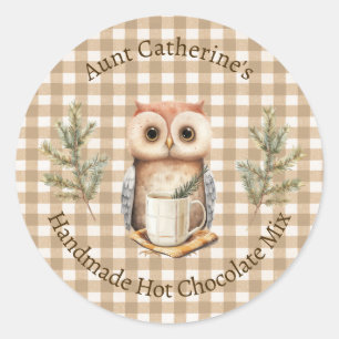 Eule mit Tasse Braunes Gingham Hot Cocoa Mix Etike Runder Aufkleber
