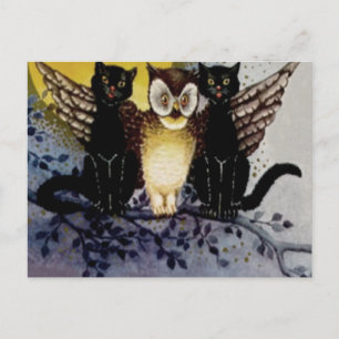 Eule schwarze Katze Vollmond Baum Nacht Postkarte