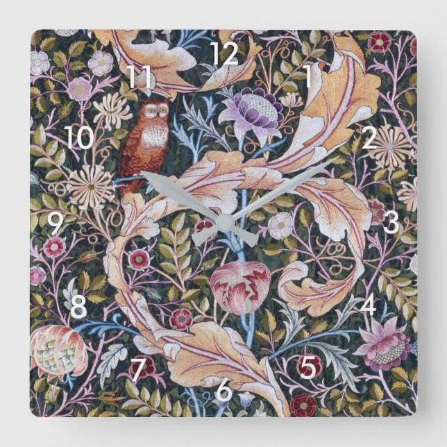 Eule und Blume, William Morris Quadratische Wanduhr (Vorderseite)