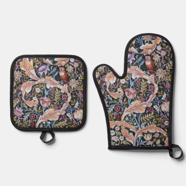 Eule und Blumen, William Morris Ofenhandschuh & Topflappen-Set (Vorderseite)