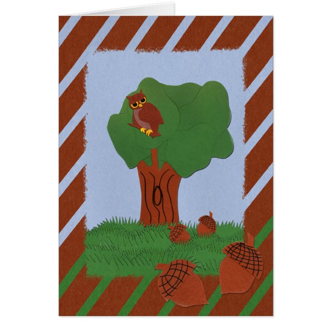 Eule und ein Eichenbaum Whimsikaler Cartoon Kunst (Vorne)