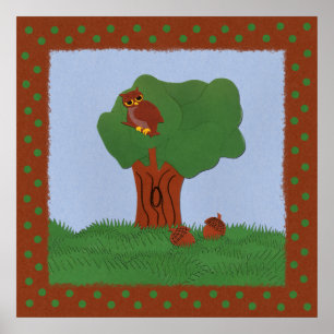Eule und ein Eichenbaum Whimsikaler Cartoon Kunst Poster