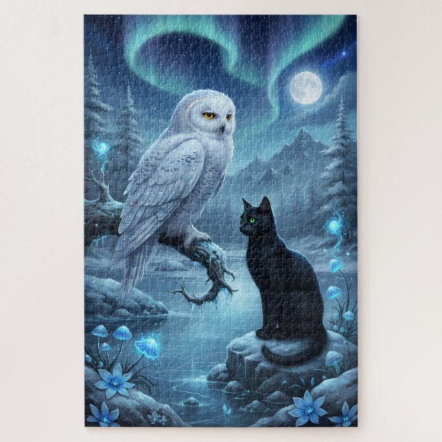 Eule und Katze bei Nacht Puzzle (Vertikal)