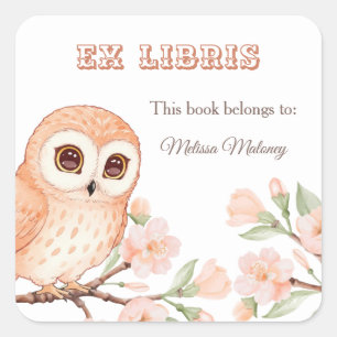 Eule und Kirschblüten aus dem Librischen Buchzeich Quadratischer Aufkleber