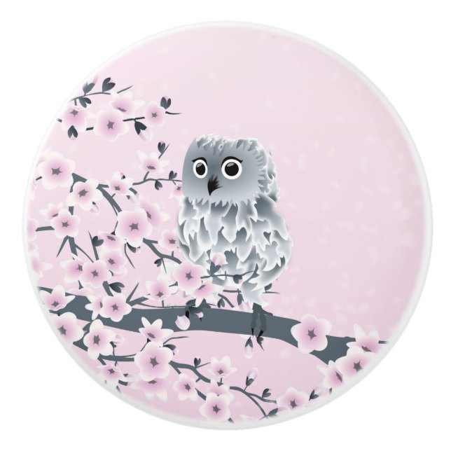 Eule und Kirschblüten rosa grau Keramikknauf (Vorderseite)