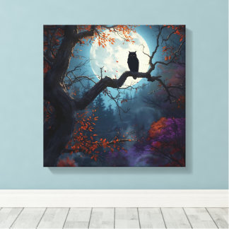 Eule unter Vollmond im Herbstbaum bei Nacht Leinwanddruck