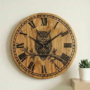 Eule-Wanduhr - Design im Holzstil Große Wanduhr