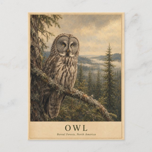 Eulen Borealwald VINTAGE Postkarte  Eine Eule beob (Vorderseite)