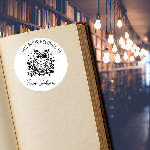 Eulen-Exlibris-Aufkleber – „Dieses Buch gehört“  Runder Aufkleber