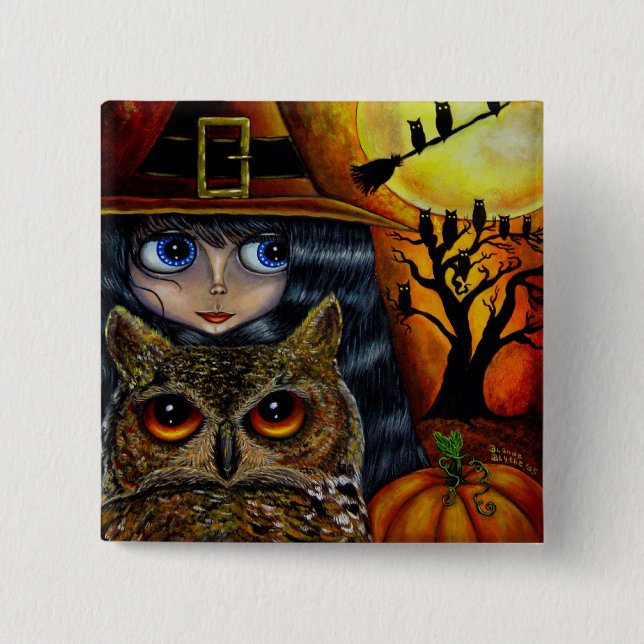 Eulen-Hexe-Halloween-Knopf Button (Vorderseite)