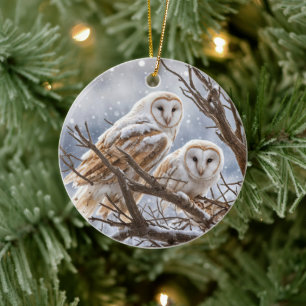 Eulen im Schnee Winter Weihnachten Keramik Ornament